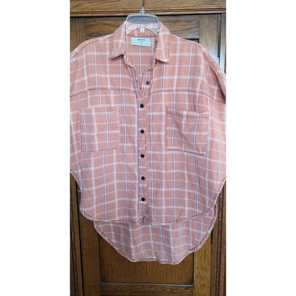 One Teaspoon Peach Plaid Oversized High Low Frayed Short Sleeve Shirt Small